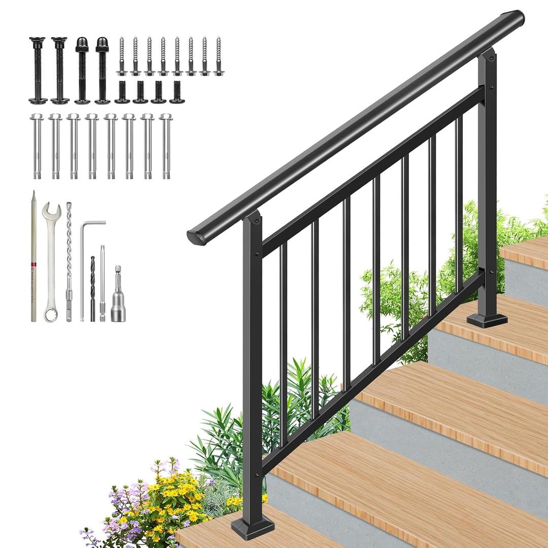 Upgrade Handrails for Outdoor Steps, Adjustable 4 Step Stair Railing Kit, Easy DIY Installation Kit Included, Black Wrought Iron Hand Rails for Outdoor Steps, 2 in 1 Stair&Horizontal Railing