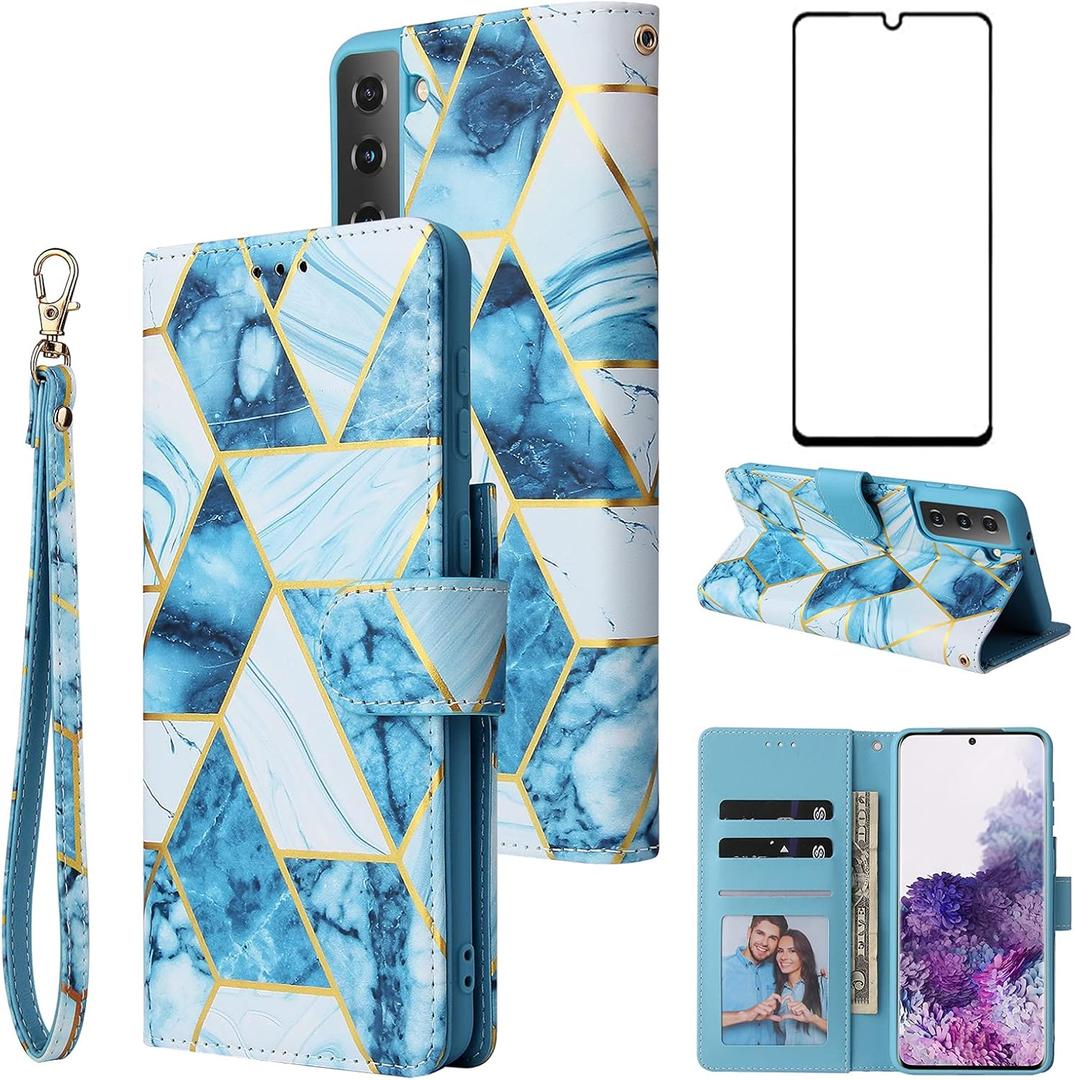 Asuwish Compatible with Samsung Galaxy S21 Plus Glaxay S21+ 5G Wallet Case and Tempered Glass Screen Protector Flip Card Holder Stand Cell Phone Cases for Gaxaly S21+5G S21plus 21S + S 21 21+ G5 Blue