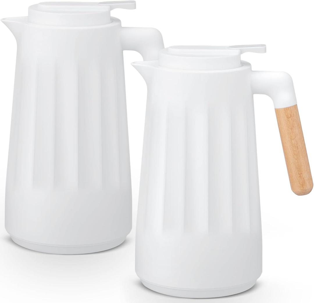 2 Pcs 34 oz Thermal Coffee Carafe for Keeping Hot/Cold Double Wall Vacuum Carafe with Insulated Glass Liner and Wood Handle Coffee Pot Container for Drinks Milk Tea Chocolates(White)