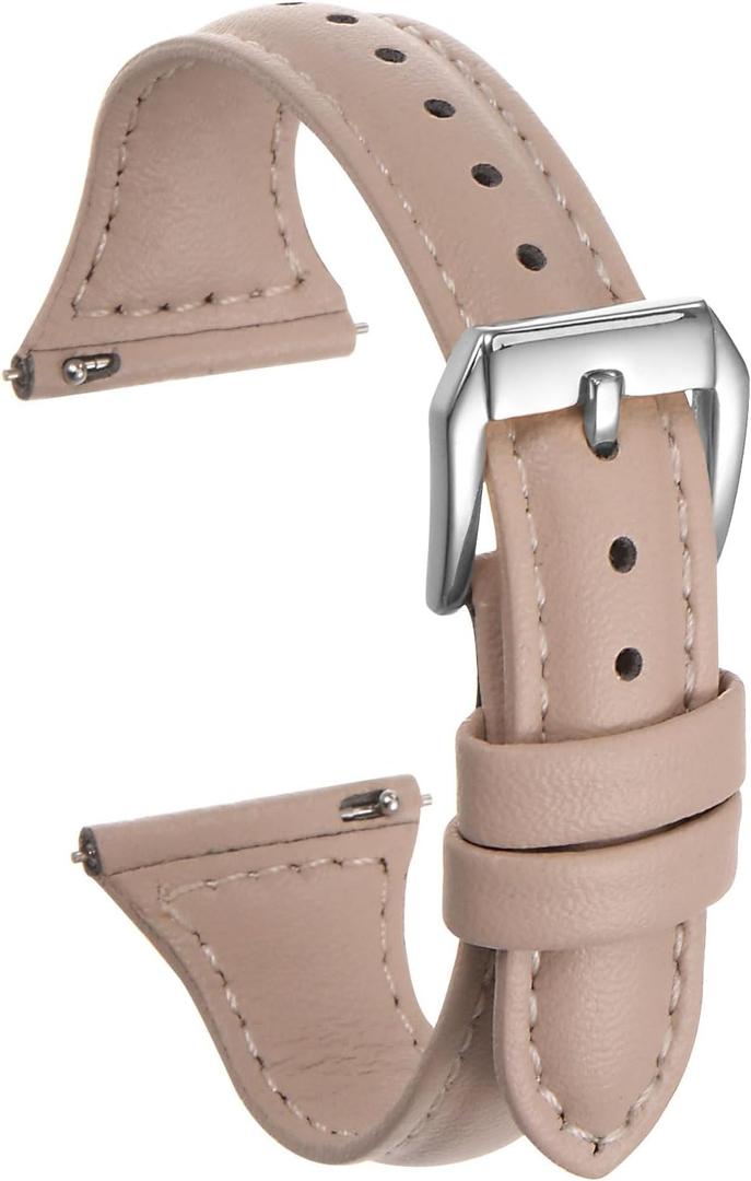 HARFINGTON Multi-color Genuine Leather Watch Band Quick Release Elegant Slim Thin Top Grain Replacement Wristband Strap for Watch & Smartwatch (20mm, Pink/Silver Tone)