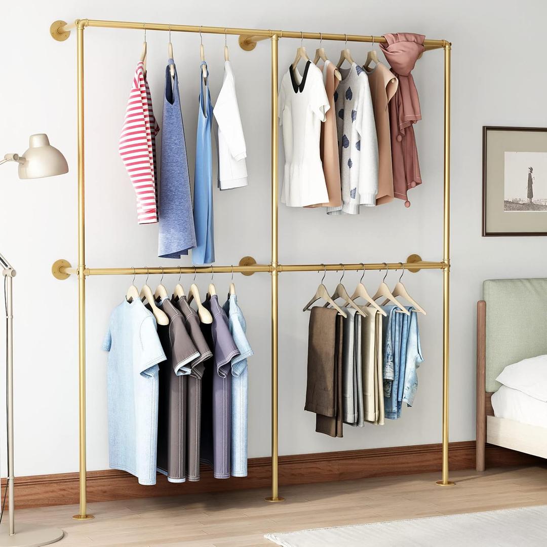 Gold Pipe Clothing Racks Wall Mount Gold Clothes Rack, Heavy Duty Industrial Pipe Clothes Racks Retail Display Hanging Rod for Closet Storage, Laundry Room (71 Inch)