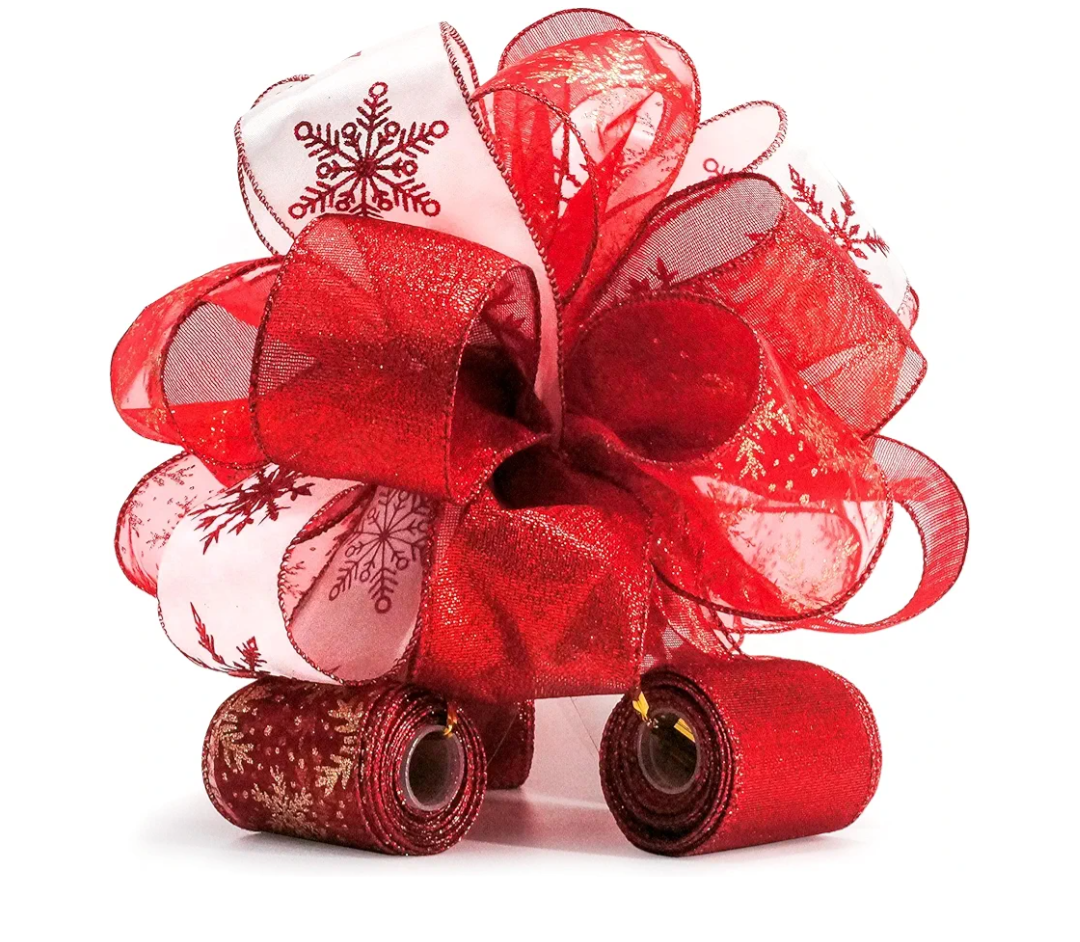 Christmas Tree Topper Bow - Bow: 11" sq. - Tails: 3 Yards Long Each - Red Snowflake