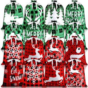 Windyun 16 Pcs Christmas Drawstring Bags Bulk Large Xmas Buffalo Plaid Drawstring Cloth Gift Bags 12 x 16 Inch Gift Wrapping Storage Sack for Party Favor (Red, Black, Green Buffalo Plaid)