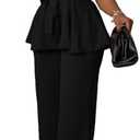 Women's 2 Piece Outfits Suit Set Short Sleeve Peplum Top Flared Pants Sets Business Pantsuits, 3XL, Black