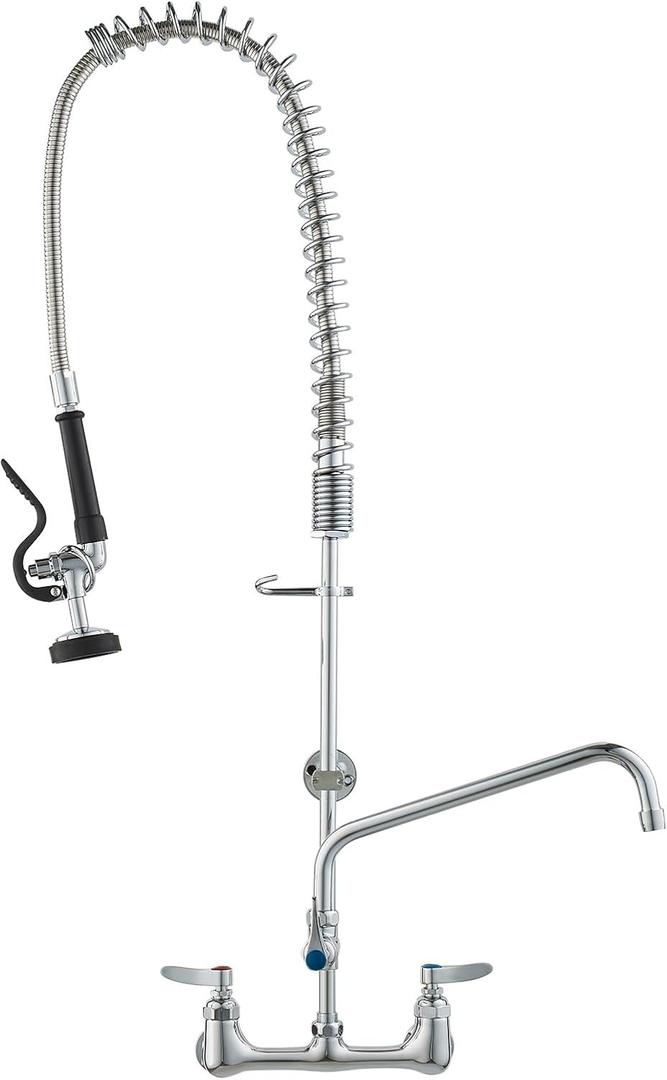 VEVOR Commercial Faucet with Pre-Rinse Sprayer, 36" Height, 8" Center, 12" Swing Spout, Wall Mount Kitchen Sink Faucet, Brass Constructed Device with Pull Down Spray, for 1/2/3 Compartment Sink