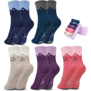 Non Slip Socks for Women with Grips Thermal Winter Warm Thick Cozy Cabin Crew Comfy Anti Skid Slipper Socks Gifts for Women (Style 02-cute Cat Head 01)
