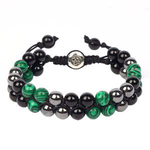 Triple Protection Bracelet - for Protect & Balance - Energy Crystal Bracelets for Men Women - Bring Good Luck & Prosperity - Malachite Hematite & Black Obsidian Jewelry Natural Stone Healing Bracelet (Green)