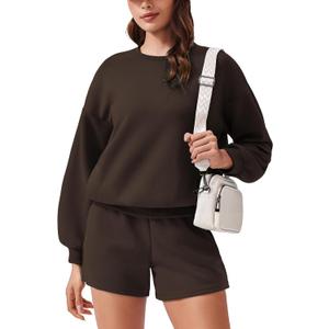 PINSPARK Two Piece Sets for Women 2024 Fall Outfits Sweatsuit 4 Pockets Sweat Short Sets Casual Matching Set Travel Tracksuit (Small, Coffee)