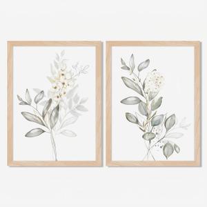 Framed Nature Botanical Wall Art Set of 2, White Floral with Green Eucalyptus Leaves Canvas Prints, Modern Minimalist Flower Painting Picture For Kitchen, Bedroom, Dining Room,Bathroom Decor, 8x10IN, White Floral Framed, 10"L x 8"W