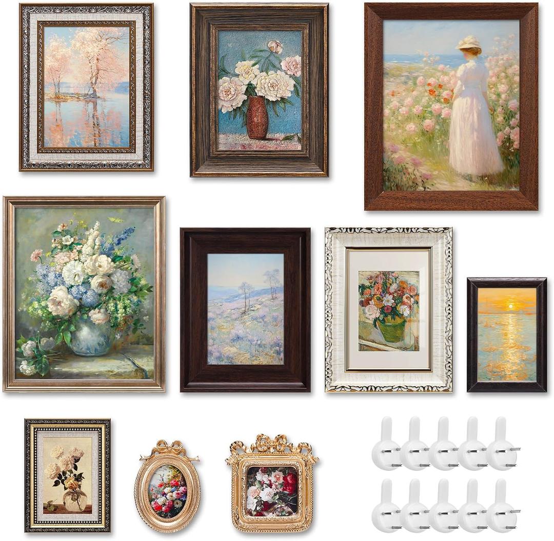 Qunclay 10 Pack Vintage Picture Frames for Wall or Tabletop Display Ornate French Country Gallery Frames Farmhouse Antique Wall Decor for Bedroom Living Room, No Photos Included(Classic Style)
