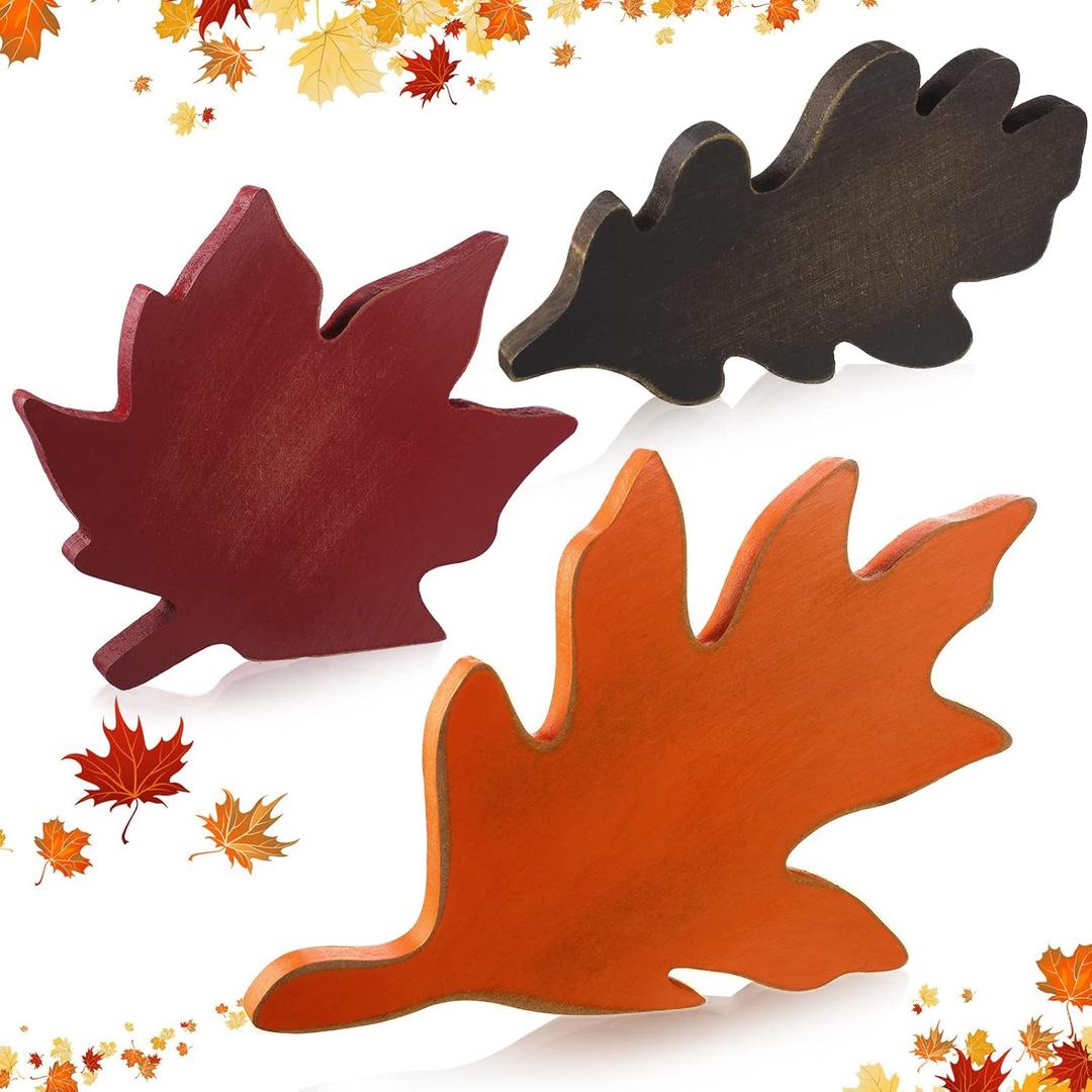 Qunclay 3 Pcs Fall Thanksgiving Decor Maple Leaves Wood Sign Autumn Leaves Wooden Table Centerpieces Fall Tiered Tray Decor Decorations for Thanksgiving Home Table Desk