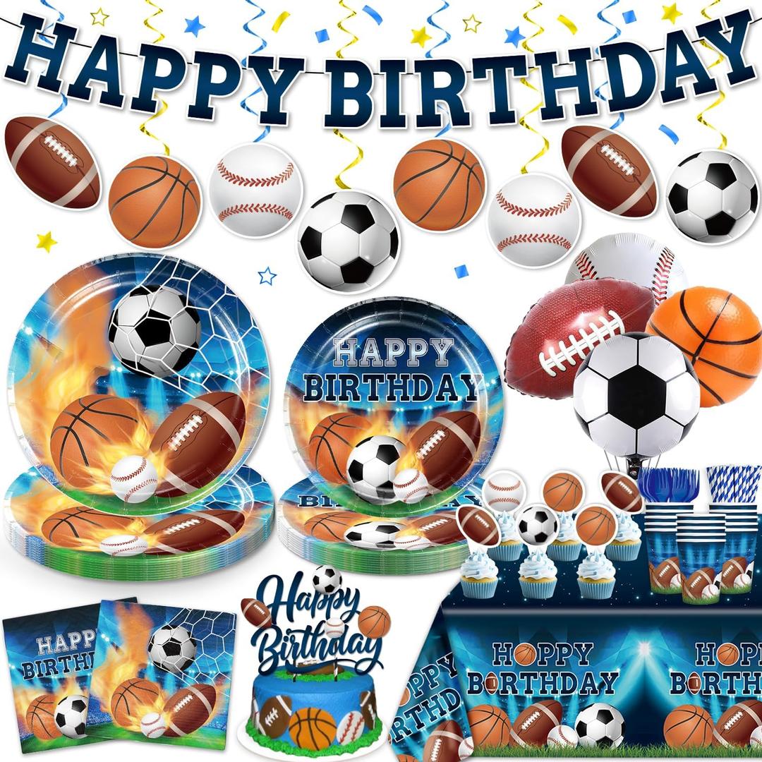 186Pcs Sports Birthday Party Decorations- Amp Up Your Sports Themed Party for 25 Guests. Includes Banner, Plates, Tablecloth, Cupcake Toppers and Aluminum Balloons for Boy Birthday Party Decorations