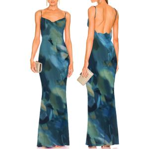 Capuffy Women Drape Neck Formal Maxi Dresses Lace Backless Cocktail Party Dress Spaghetti Straps Mermaid Evening Gown 221 (Tie Dye Blue) XS