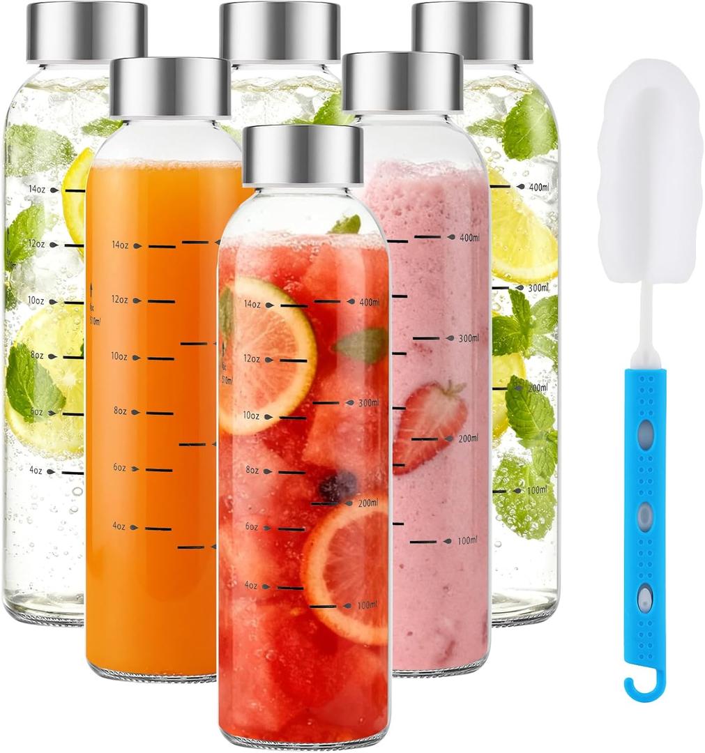 Glass Juice Bottles with Lids Set of 6, 17 oz Reusable Glass Water Bottles with Stainless Steel Caps, BPA Free,Leak Proof,Dishwasher Safe,for Refrigerator, Juicing, Iced Coffee, Cold Brew