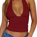TiulZial Womens Backless Halter Tops Deep V Neck Sexy Crop Tank Top Open Back Sleeveless Slim Fit Y2k Summer Tops Burgundy Crop Top, M