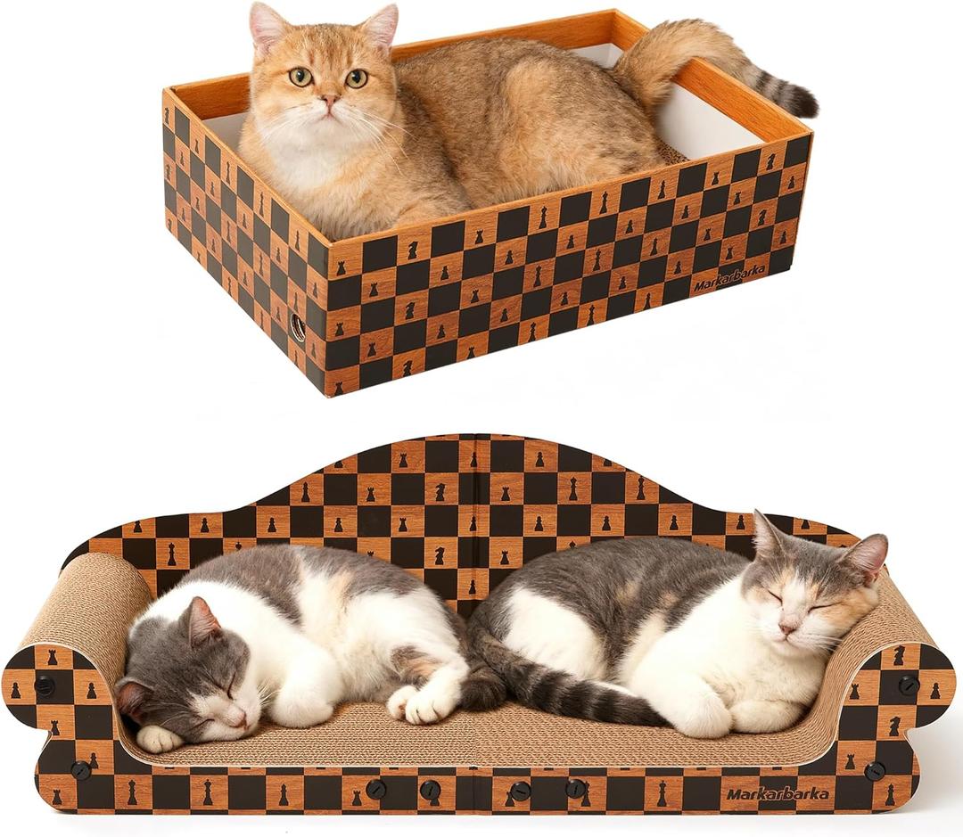 27 Inch Cat Couch Scratcher, Large Cardboard Box with Durable Scratch Pad for Cats, Comfortable Cat Scratching Sofa & Cozy Nest with Reversible Scratchers