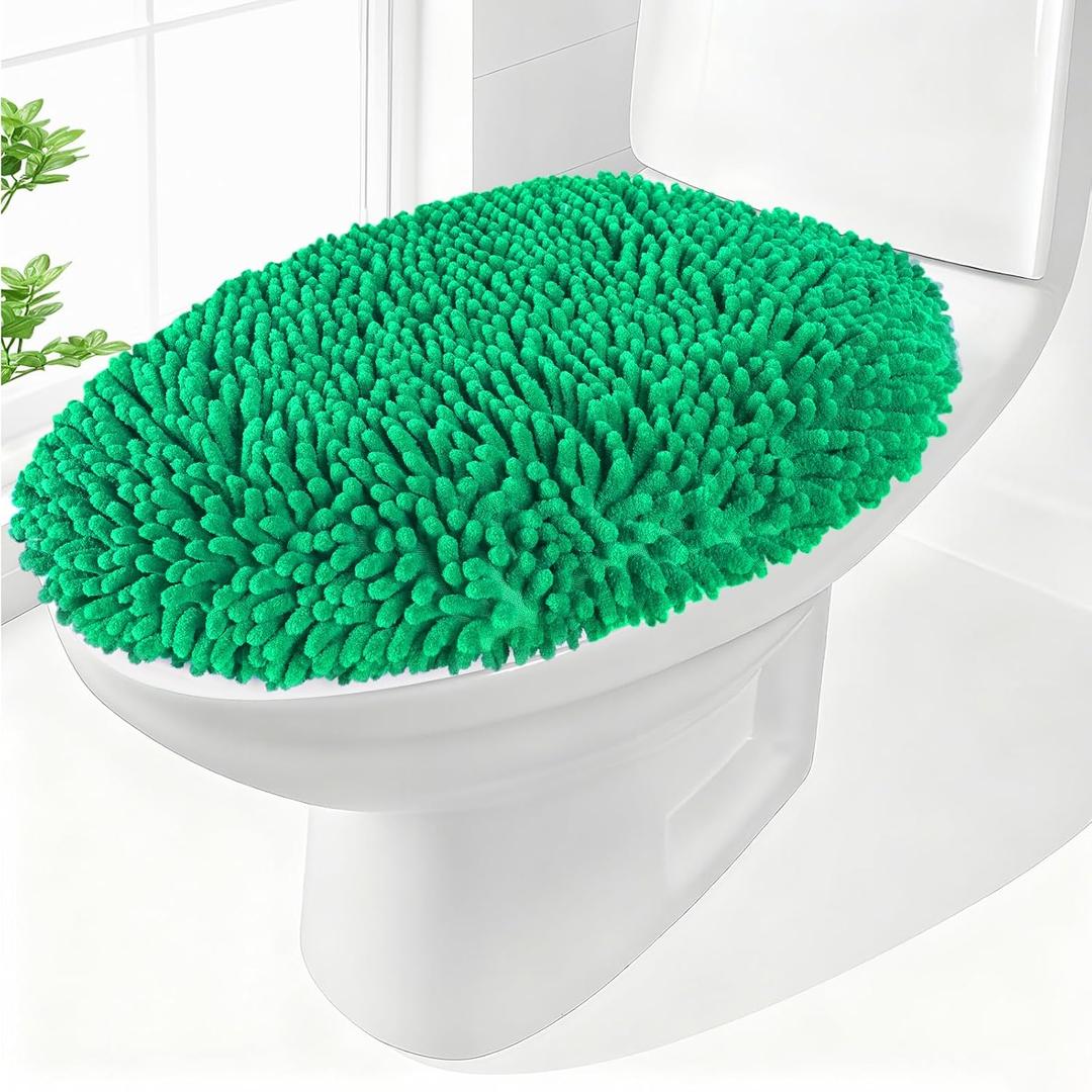 Chenille Elongated Toilet Seat Cover 19.5"x 15" Machine Washable Solid Toilet Lid Cover Adjustable Rubber Backing Fits Only 18-19.5" L x 14-16" W Elongated Toilet Seat