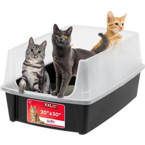 IRIS USA XX-Large Open Top Cat Litter Box with High Sided Walls Tall Scatter Shield, Scoop Included, Easy Clean Plastic Pan for Big Cats Kittens Multi-Cat Households 30"L x 20" W x 14"H Black