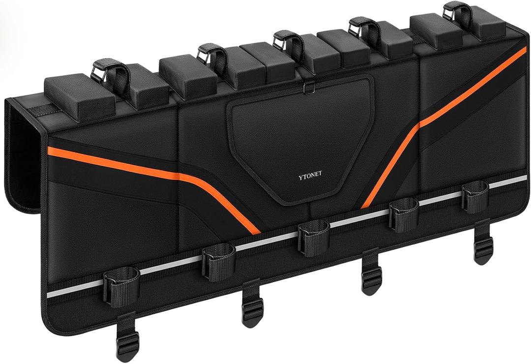 Ytonet Tailgate Bike Pad Holds 5 Bikes, Heavy Duty Tailgate Pad for Mountain Bikes with Tool Pockets & Reflective Strips, Scratch-Resistant Truck Bike Tailgate Pad Match Mid-Size & Compact Pickups
