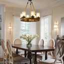Rustic 6 Light Wagon Wheel Chandelier, Round Wood Pendant Light with Seeded Glass Shade, Farmhouse Chandeliers for Dining Room Kitchen Island Foyer Entryway