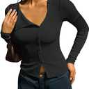 Fisoew Womens Long Sleeve Crop Tops Casual Button Down Shirts Slim Fit Y2k Going Out Ribbed Knit Shirts (Black)