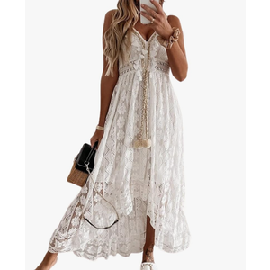 CUPSHE Women's Summer Dresses Sleeveless Lace Casual Tassel Beach Spaghetti Straps Flowy Maxi Sun Dress size M
