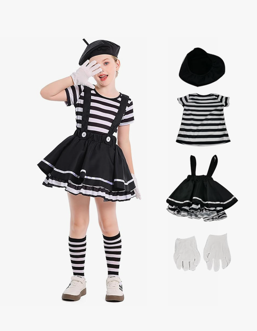 Girl's Mime Artist Costume Black and White Stripe Short Sleeve Black Beret Skirt with Gloves Halloween Dress up, Size L