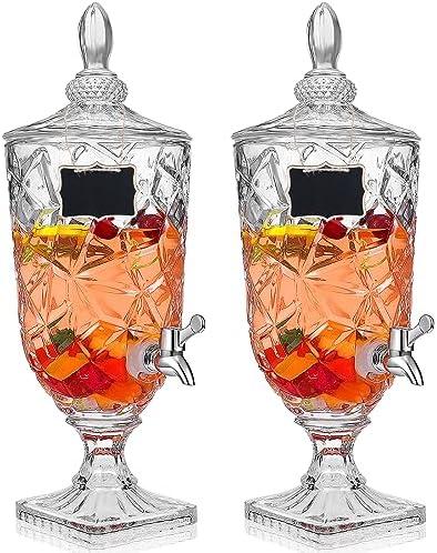 Zhehao 2 Pcs Drink Dispensers for Parties 1.3 Gallon Glass Beverage Dispenser Clear Vintage Crystal Iced Beverage Dispenser with Spigot and 2 Wooden Chalkboard Wide Mouth Beverage Server for Bar Home