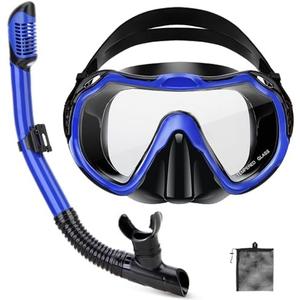 PIYAZI Snorkeling Gear for Adults, Adult Snorkel Set with Panoramic Anti-Leak and Anti-Fog Tempered Glass Snorkel Mask, Dry Top Snorkel, Snorkle Mask Set Adult with Mesh Bag Ear Plug for Snorkeling