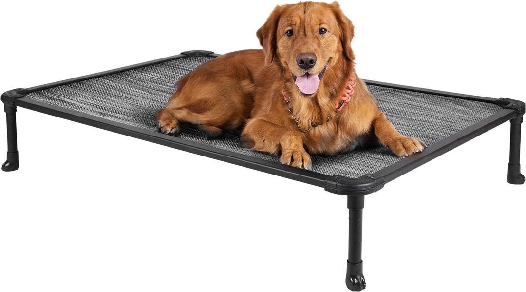 Veehoo Chew Proof Elevated Dog Bed - Cooling Raised Pet Cot - Rustless Aluminum Frame and Durable Textilene Mesh, Unique Designed No-Slip Feet for Indoor or Outdoor Use, Black Silver, X Large (49.0"L x 33.0"W x 9.0"Th)