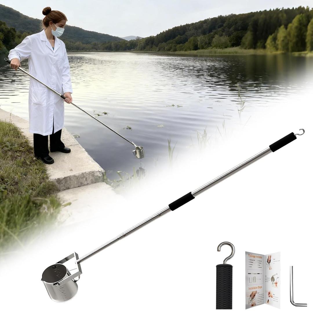 Telescopic Water Sampler Dipper 10ft Long - Stainless Steel Sampling Ladle with 500ml Pendulum Beaker, 2 Handle and Hook - Liquid Sample Cup Testing Scoop for Industrial, Lab and Field