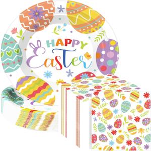 Havawish 150Pcs Easter Paper Plates and Napkins Sets 50Pcs 11 Inch Easter Disposable Oval Plates and 100 Pcs 13 Inch Easter Paper Napkins for Easter Spring Holiday Party Supplies(Easter Eggs)