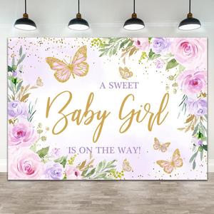 Butterfly Baby Shower Decoration for Girl Backdrop 7x5ft A Sweet Baby Girl is on The Way Purple Florals Flowers Photography Background Gold Dots Princess Banner Photo Booth Supplies Props