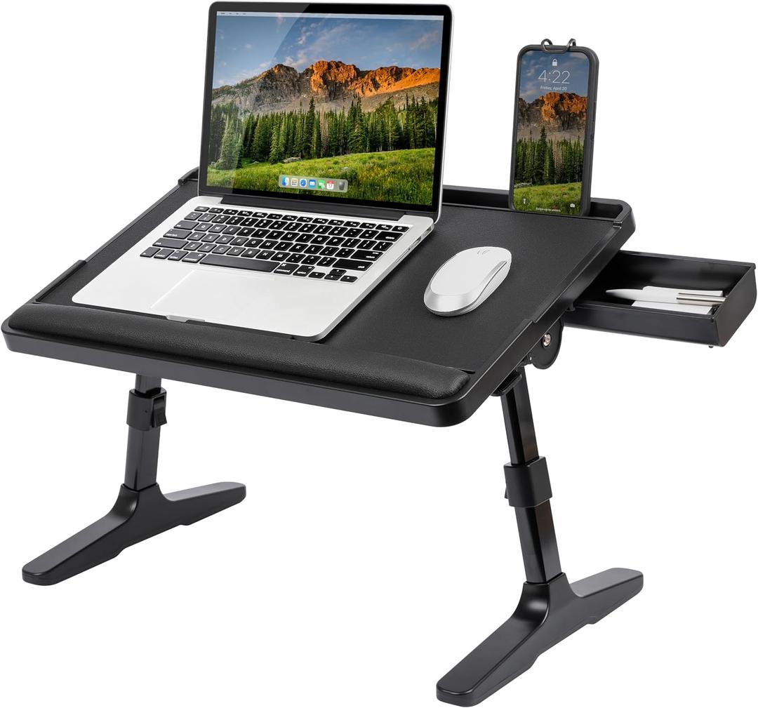 LAPGEAR Easy Tilt Leather Laptop Bed Desk with Adjustable Legs, Wrist Rest, Media Slot, and Built-in Storage - Black - Fits up to 17.3 Inch Laptops - Style No. 78508