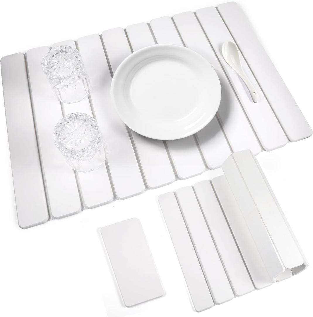 2 PCS Quick Dry Stone Dishes Mats for Kitchen Counter,Collapsible Quick Drying Dish Mats,Ultra Absorbent Diatomaceous Earth Mats for Dishes Bottles Cups, Match Any CountertopWhite 24"16"& 8"x4"