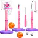 3 in 1 Kids Basketball Hoop and T Ball Set, Adjustable Height Toddler Basketball Hoop, Hanging Tee Baseball, Indoor Outdoor Sports Toys Gifts for Toddlers Boys Girls Ages 3 4 5 YearBlue (Pink)