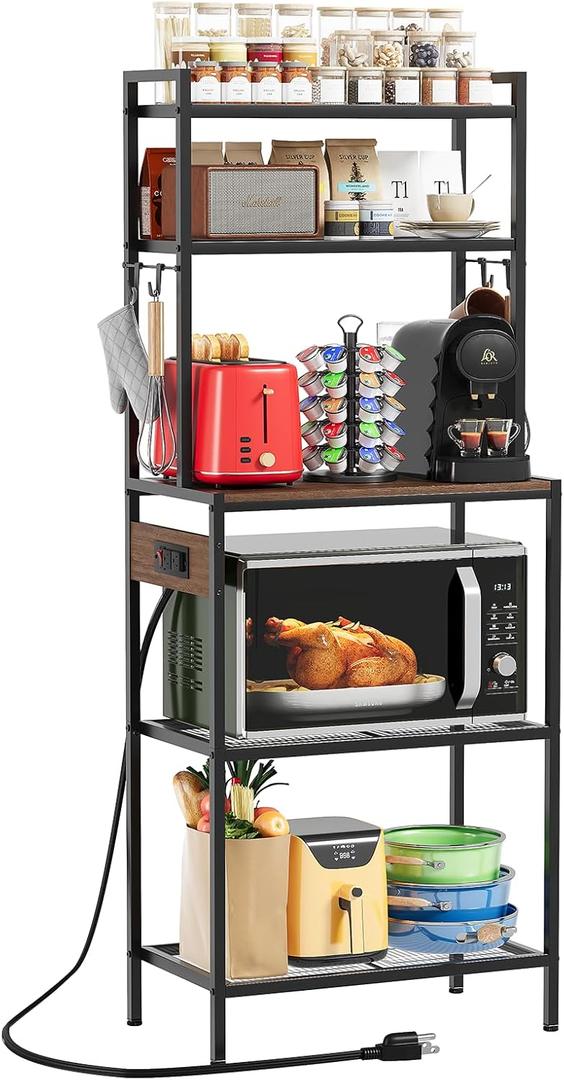 Roxibelt S1 Kitchen Bakers Rack with Power Outlet, Microwave Stand with Storage 5-Tiers, Freestanding Coffee Bar Table with 4 Hooks, Kitchen Storage Shelf 13" D x 22.9" W x 58.3" H, Rustic Brown