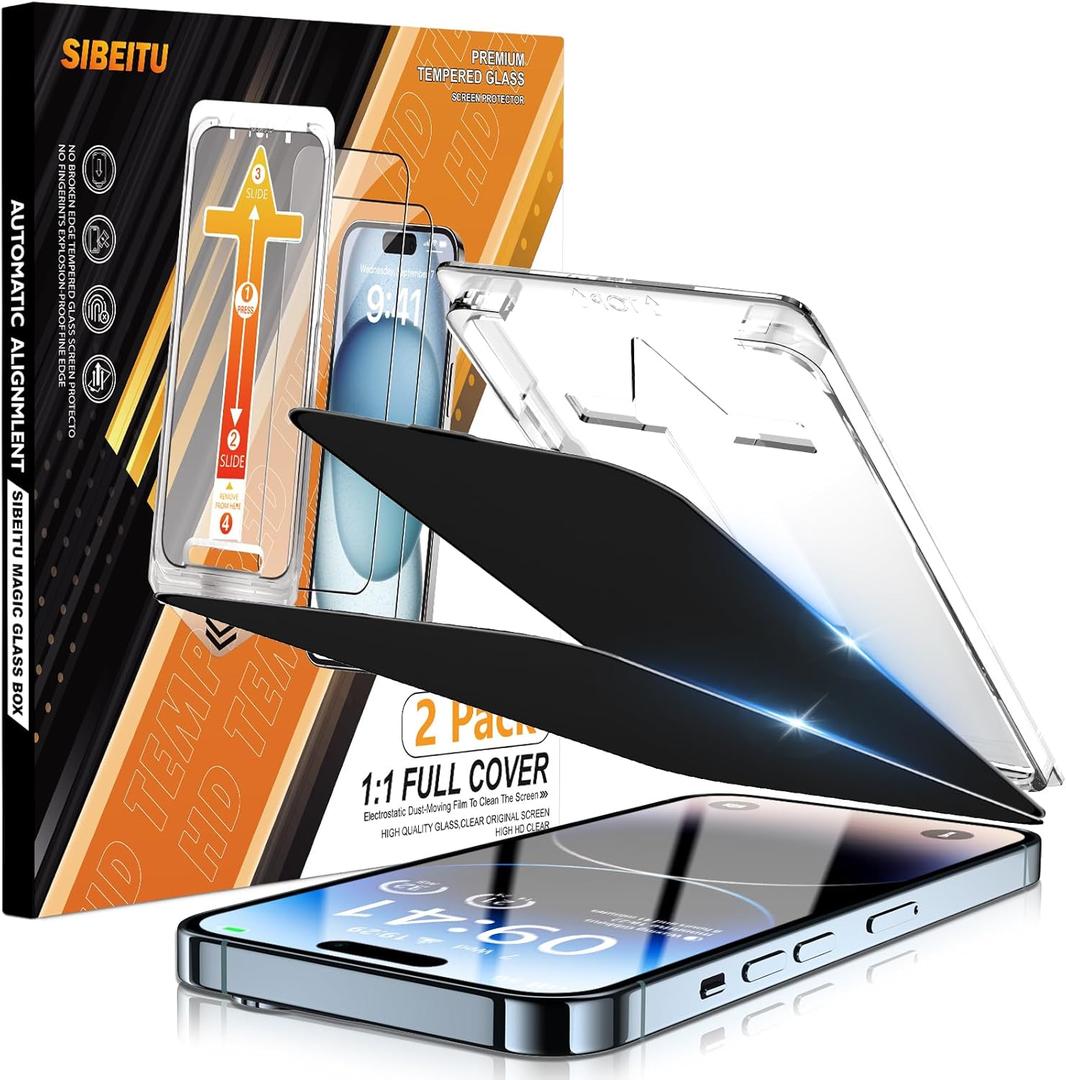 SIBEITU 2-Pack [Auto Alignment Kit] Privacy Screen Protector for iPhone 14 Pro, 6.1 Inch 25 Anti-Spy Auto Dust Removal Installation Glass Film, 9H Hardness Private Anti Scratch Bubble Free Protector