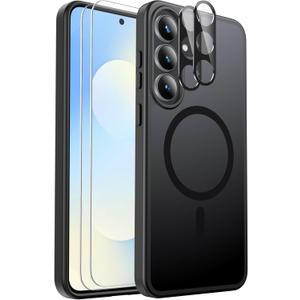 Ezanmull for Samsung Galaxy S25 FE Case Magnetic Shockproof, [Fit for MagSafe] [Glass Screen Protector + Camera Lens Protector] Translucent Anti-Fingerprint (Black)