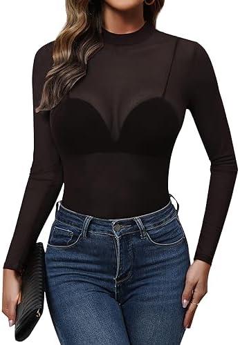 GAMISS Mesh Tops for Women Mock Neck Mesh Tops Fitted Trendy Tops Mesh Tee Black, M