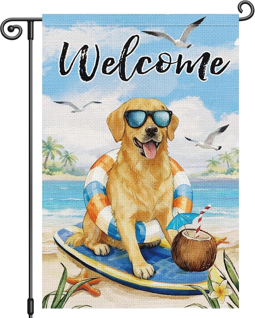 Louise Maelys Welcome Summer Garden Flag 12x18 Inch, Small Beach Coastal Golden Retriever Dog Puppy Summer Yard Flag, Outdoor Double Sided Banner Sign for Lawn Porch Patio Decor