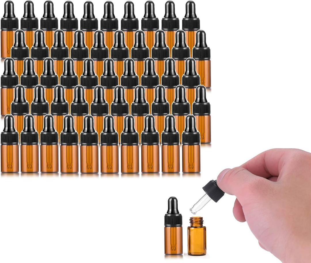 50 Pack, 3ml Amber Glass Dropper Vial for Essential Oils, Empty Eye Dropper Bottle With Black Screw Cap, Liquid Pipette Travel Test Sample Perfume Vial - Transfer Pipette Included