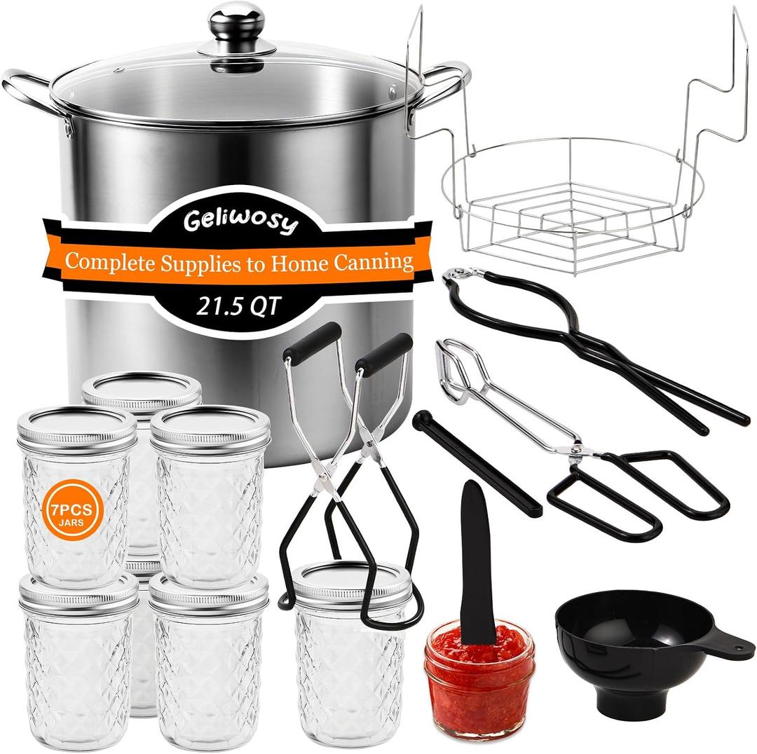 Canning Supplies Kits with 21.5 Qt Canning Pot, 7pcs Mason Jars, Tongs, Stainless Steel Jar Rack, Funnel, Lid Lifter Water Bath Canner Tool Set, Large