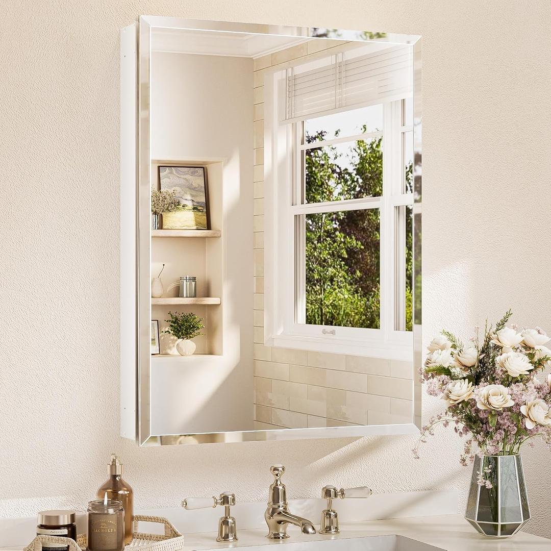 TETOTE 24 x 32 Bathroom Mirror with Storage with Tempered Beveled Mirror White Medicine Cabinet Aluminum Cabinet DTC Hinges, Stepless Adjustable Shelves, Recessed/Surface-Mounted