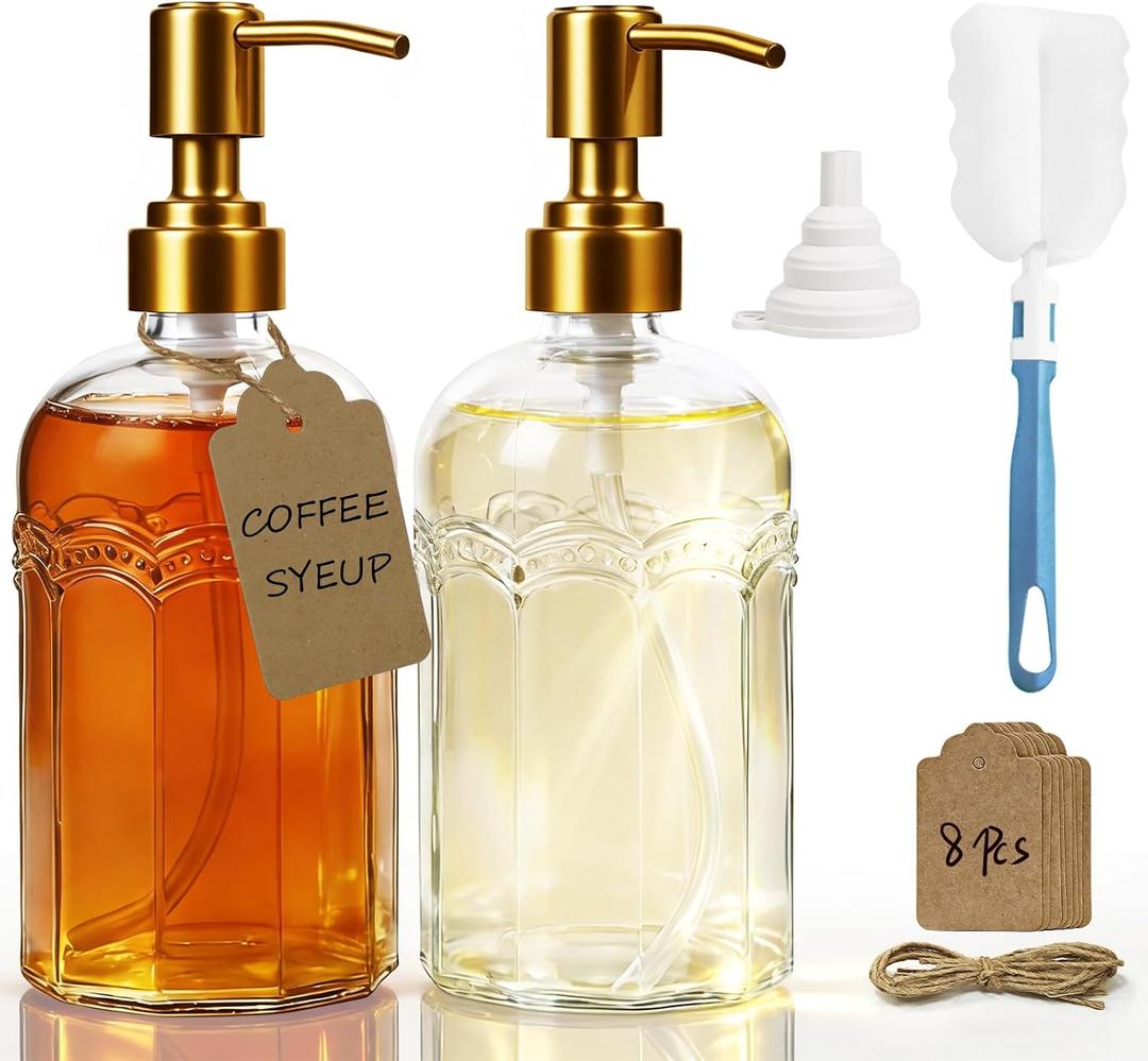 Coffee Syrup Dispenser Set of 2, 13.5 oz (400ml) Glass Bottles with Antique Bronze Stainless Steel Pump, Coffee Bar Syrup Pump Dispensers with Funnel, Cleaning Tools & Tags