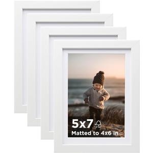 KINLINK 5x7 Picture Frame White Set of 4, Wooden Photo Frames Matted 4x6 with Plexiglass for 4x6 with Mat or 5x7 without Mat for Table and Wall Display