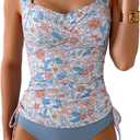 B2prity Tankini Swimsuits for Women Tummy Control Two Piece Bathing Suit High Waisted Wrap Swim Suit with Bottom Swimwear (Medium, Orange Flowers, Gray Blue)