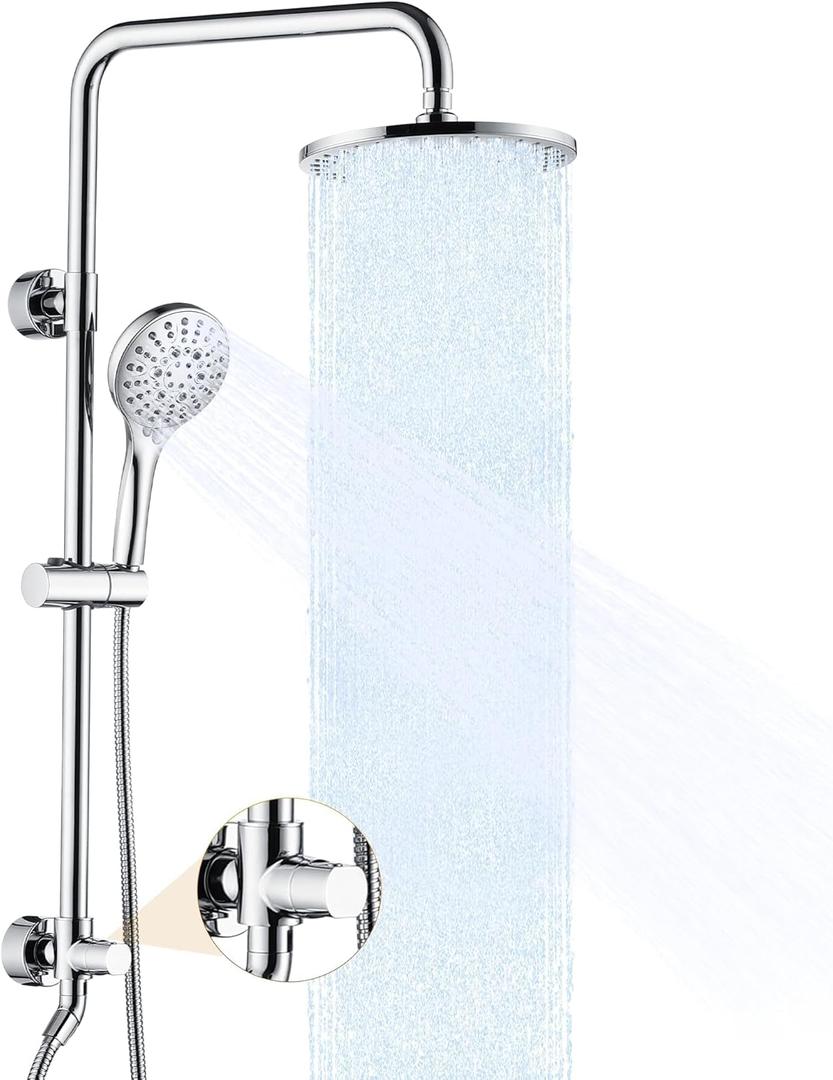 BRIGHT SHOWERS Rain Shower Heads System Including 9 Inch Rainfall Shower Head and Handheld Shower Head with Height Adjustable Holder, Solid Brass Rail and 60" Long Stainless Steel Shower Hose, Chrome