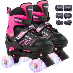 Kids Roller Skates with 6 Protection Pads, Adjustable Size Roller Skates for Kids Beginner, Toddlers Roller Skate with 8 Light Up Wheels,Outdoor Roller Skates for Boys and Girls Ages 3-12 (Large, PINK)
