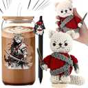 LemonRoad 3 Pcs Gifts for Cat Lovers Samurai Cat Tumbler Ninja Japanese Kitty Glass Cup Crochet Warrior Kitty Ballpoint Pens with Box for Easter Men Birthday Party